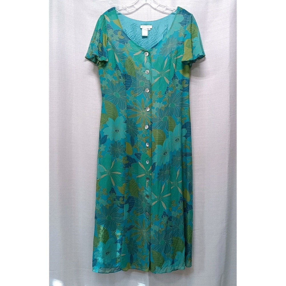 London Times Teal Green Shell‎ Front Button Long Bell Sleeve Floral Dress Sz 8